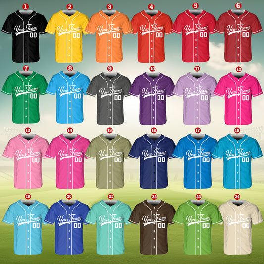 This custom baseball jersey features a classic button-up design with contrast piping along the front and sleeves.