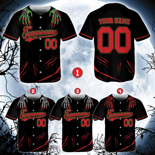 Custom Halloween Baseball Jersey, Scary Zombie Skeleton Claw Team Uniform, Personalized Name & Number Sports Shirt for Men Women Kids