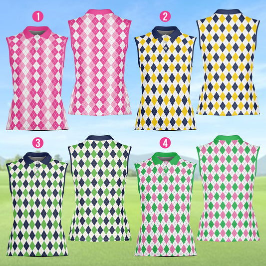 Retro Argyle Golf Polo Shirt, Tennis Team Sleeveless Men Women Polo, Pickleball Player Tournament Gift