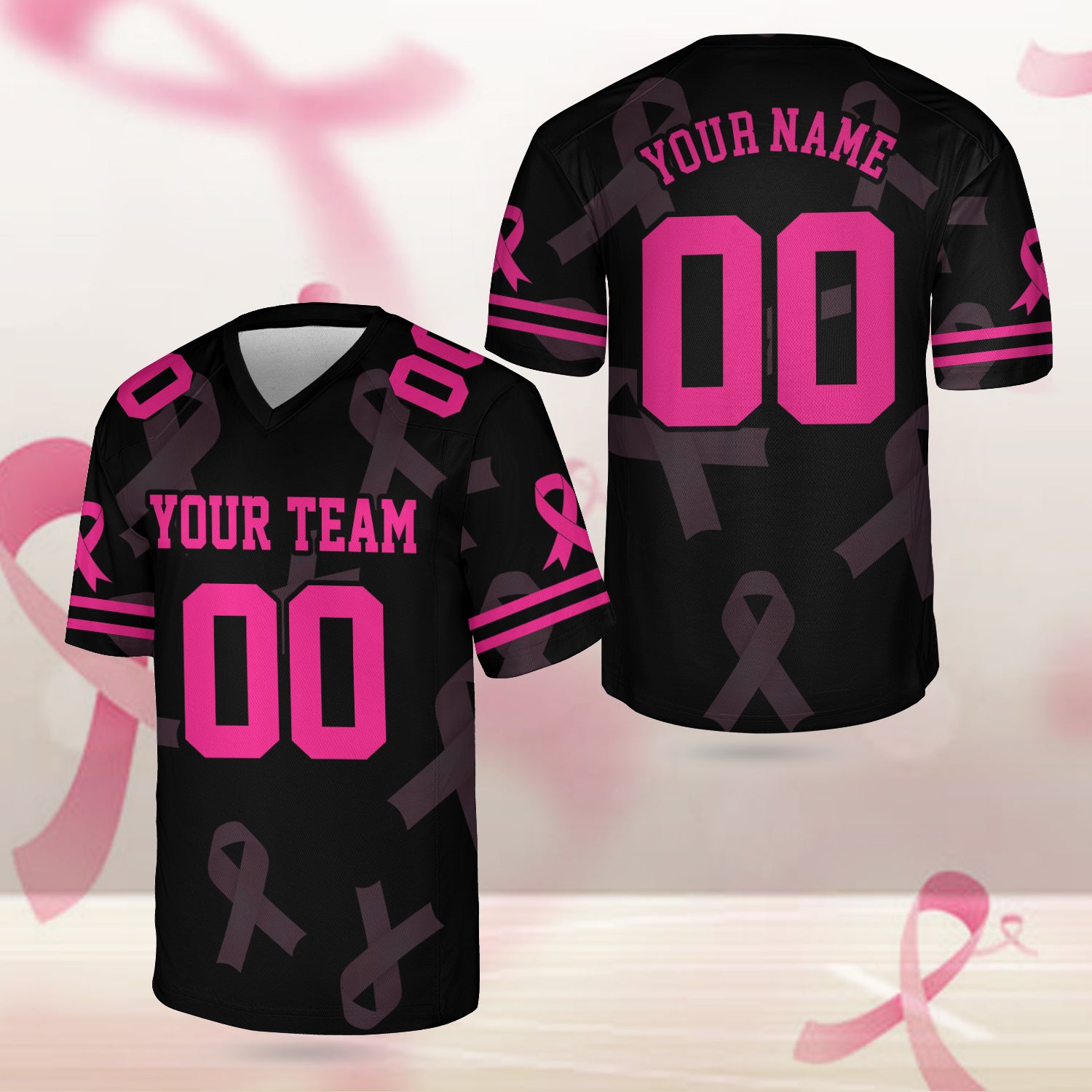 White and pink jersey with bold block letters on the front, pink ribbon emblem on the chest, short sleeves, sporty V-neck design, customizable name and number on the back
