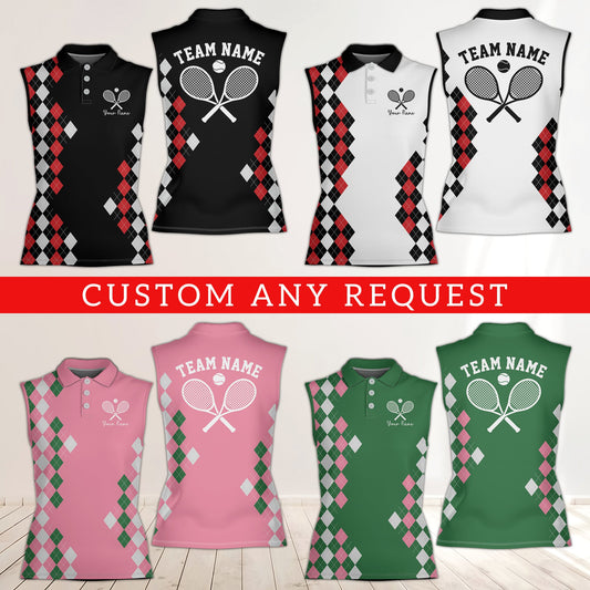 Custom Team Argyle Tennis Polo Shirt, Personalized Tennis Sleeveless Men Women Polo, Tennis Player Gift