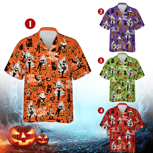 Halloween Hawaiian Shirt, Funny Ghost Pumpkin Cat Print Shirt, Spooky Party Costume Top, Matching Family Vacation Shirt