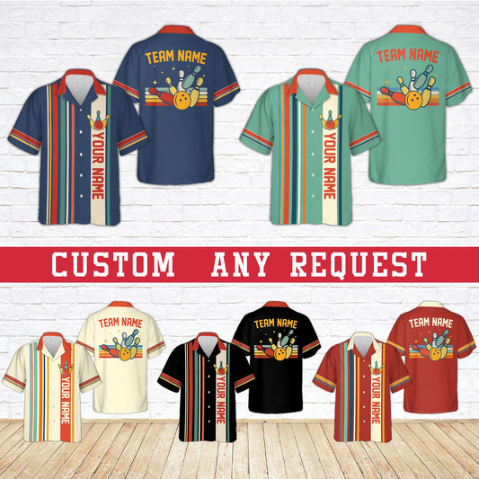 Retro Stripe Bowling Hawaiian Shirt, Custom Name Bowling Hawaiian, Matching Personalized Bowling Squad, Gutter Gang Gift