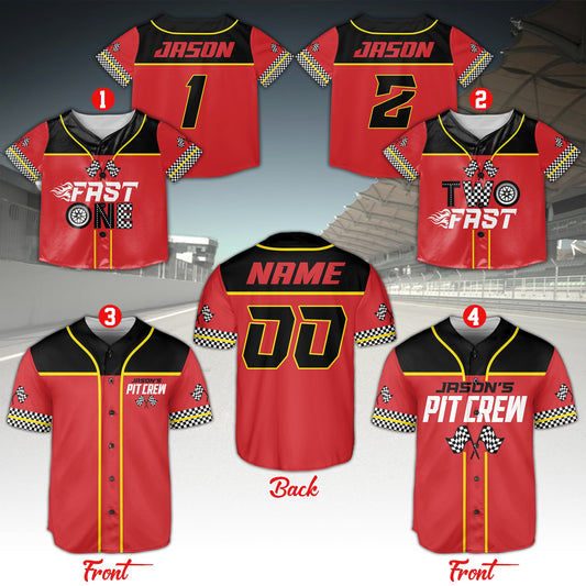 Pit Crew Baseball Jersey, Custom Name 1st 2nd Birthday Racing Jersey, Matching Checkered Family Baseball Jersey