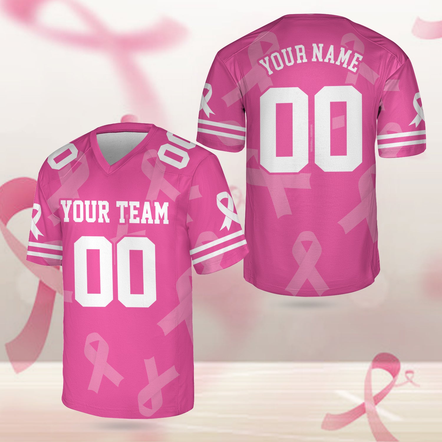White and pink jersey with bold block letters on the front, pink ribbon emblem on the chest, short sleeves, sporty V-neck design, customizable name and number on the back