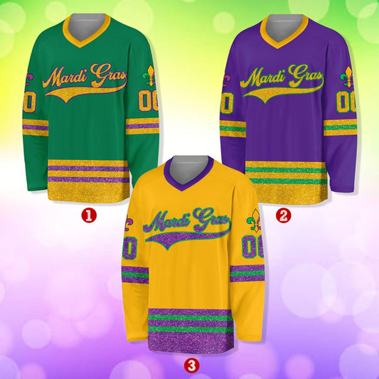 Personalized Glitter Mardi Gras Hockey Jersey, Custom Name Mardi Gras Jersey, Hockey Jersey Uniform For Hockey Fans, Mardi Gras Outfit